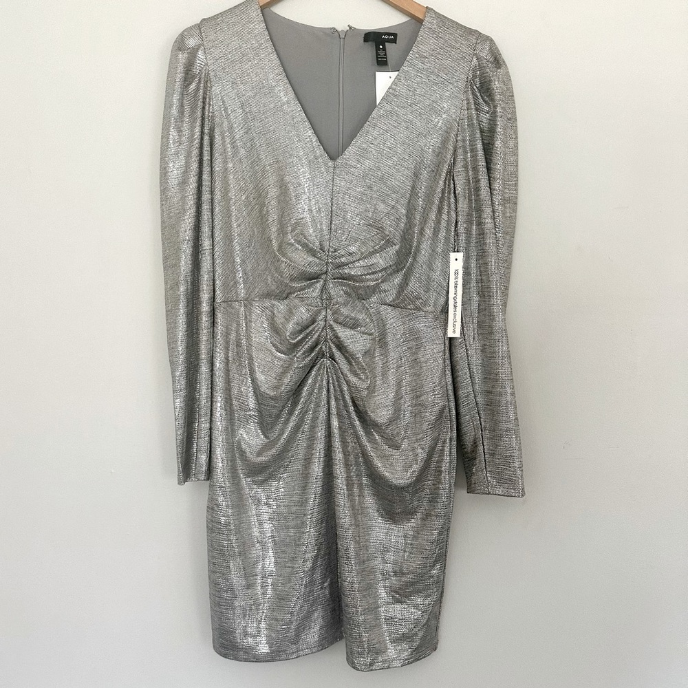 Aqua Shine Metallic V Neck ruched Party Dress women’s Large - NWT - stunning!